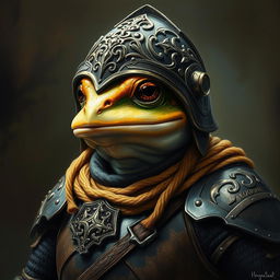 An hyper intricate oil painting of a fantasy frog humanoid equipped with a detailed and realistic Hundsgugel helmet, complemented by historical medieval German armor