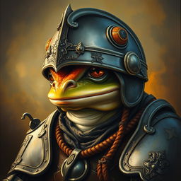 An hyper intricate oil painting of a fantasy frog humanoid equipped with a detailed and realistic Hundsgugel helmet, complemented by historical medieval German armor