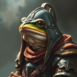 An hyper intricate oil painting of a fantasy frog humanoid equipped with a detailed and realistic Hundsgugel helmet, complemented by historical medieval German armor