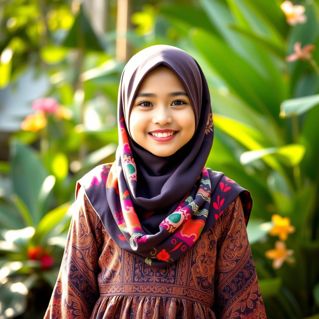 A beautiful Indonesian girl wearing a colorful hijab, standing in a serene outdoor setting surrounded by lush greenery