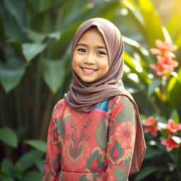 A beautiful Indonesian girl wearing a colorful hijab, standing in a serene outdoor setting surrounded by lush greenery