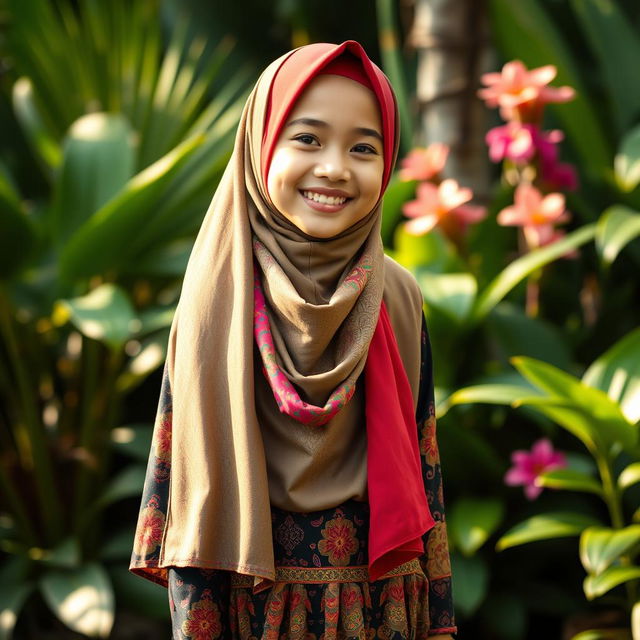 A beautiful Indonesian girl wearing a colorful hijab, standing in a serene outdoor setting surrounded by lush greenery