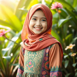 A beautiful Indonesian girl wearing a colorful hijab, standing in a serene outdoor setting surrounded by lush greenery