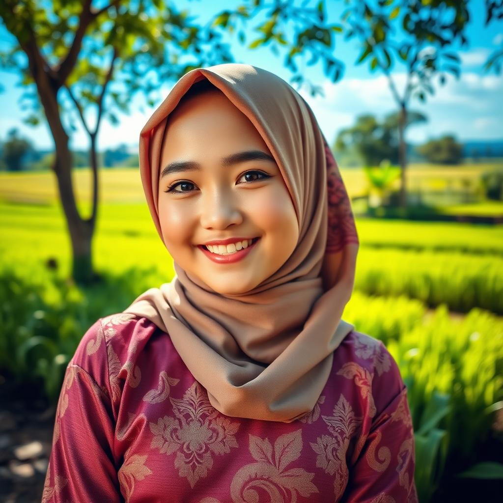 A beautiful Indonesian girl wearing a stylish hijab, gracefully posed in an outdoor setting with a stunning backdrop of lush green rice fields