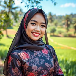 A beautiful Indonesian girl wearing a stylish hijab, gracefully posed in an outdoor setting with a stunning backdrop of lush green rice fields