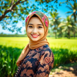 A beautiful Indonesian girl wearing a stylish hijab, gracefully posed in an outdoor setting with a stunning backdrop of lush green rice fields