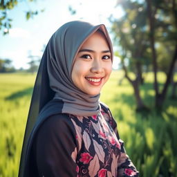 A beautiful Indonesian girl wearing a stylish hijab, gracefully posed in an outdoor setting with a stunning backdrop of lush green rice fields