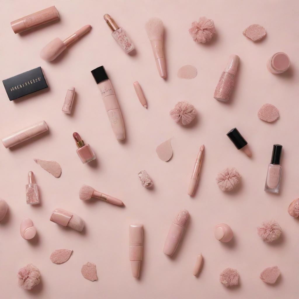 An elegant collection of makeup products, each thoughtfully designed with ballet motifs such as ballerina silhouettes, pointe shoes, and tutus.