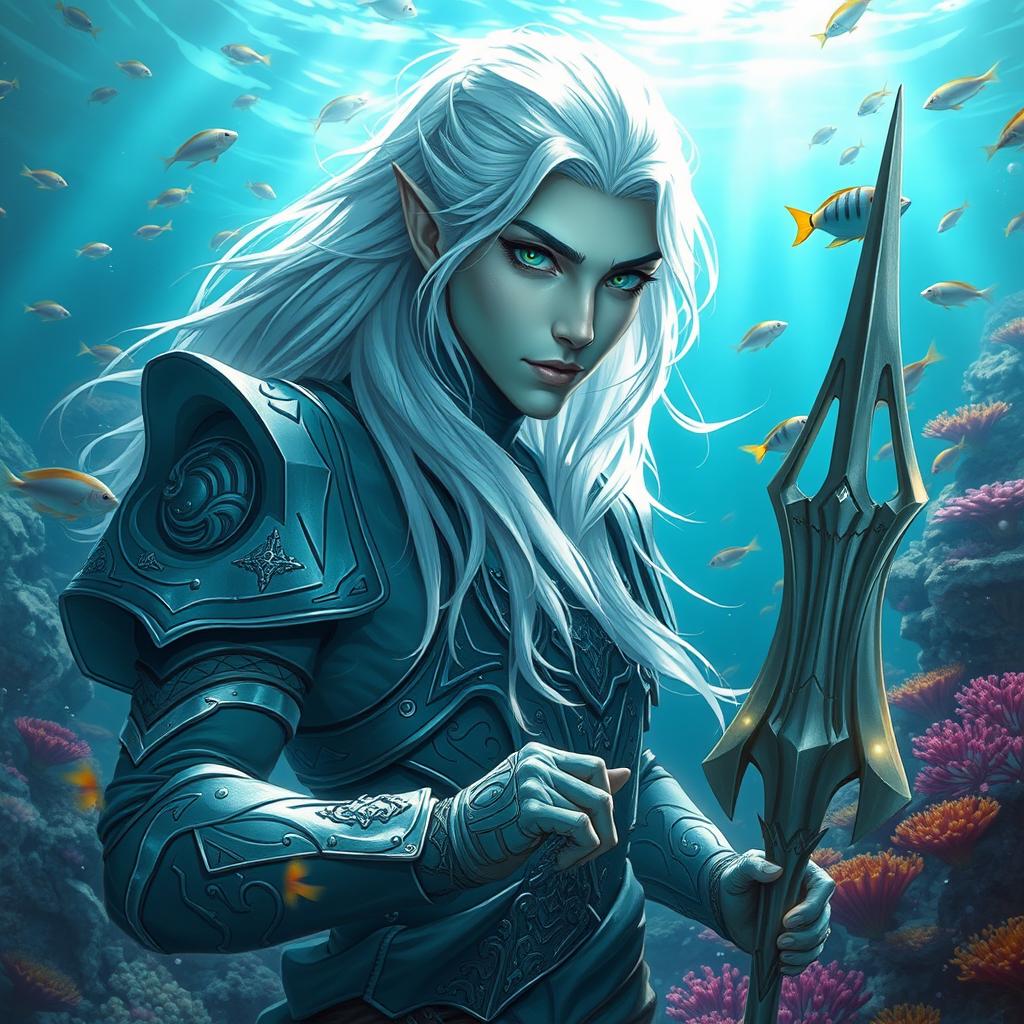 A male sea-elf fighter with pale silver-green skin, featuring long flowing silver-white hair that cascades elegantly