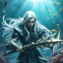 A male sea-elf fighter with pale silver-green skin, featuring long flowing silver-white hair that cascades elegantly