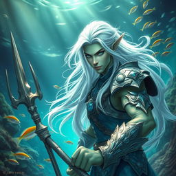 A male sea-elf fighter with pale silver-green skin, featuring long flowing silver-white hair that cascades elegantly