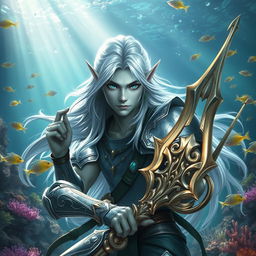 A male sea-elf fighter with pale silver-green skin, featuring long flowing silver-white hair that cascades elegantly