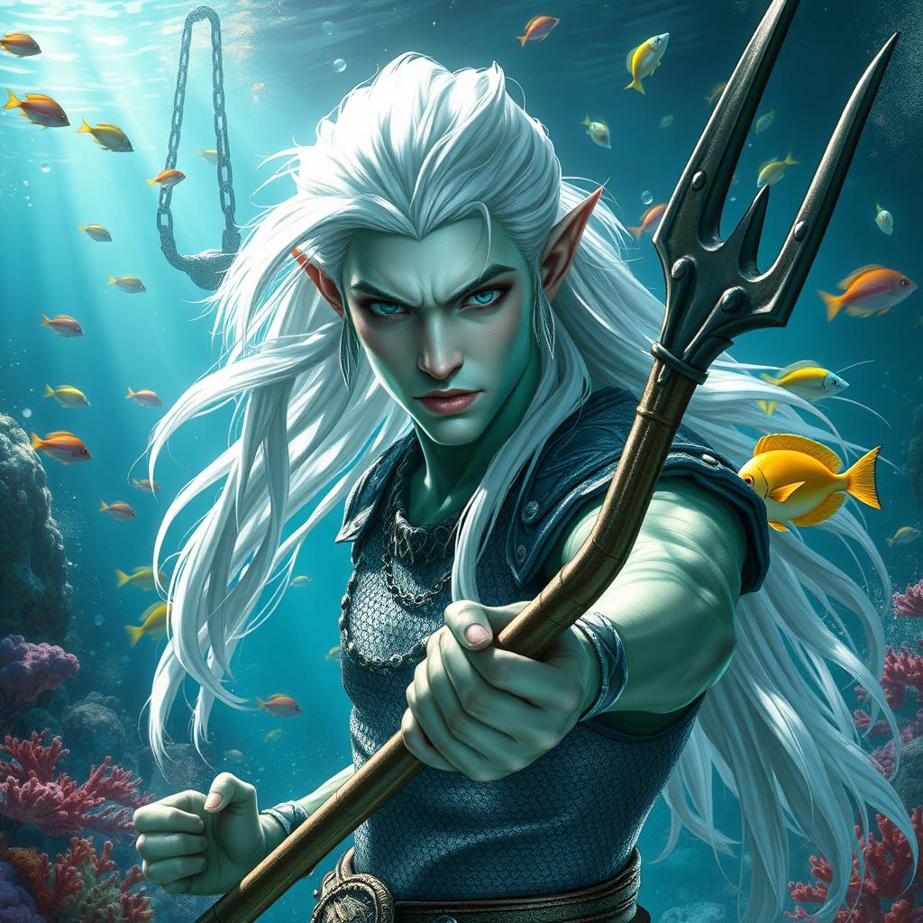 A male sea-elf fighter characterized by his pale silver-green skin and long, flowing silver-white hair