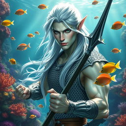 A male sea-elf fighter characterized by his pale silver-green skin and long, flowing silver-white hair