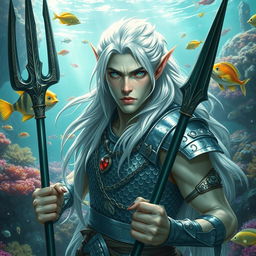 A male sea-elf fighter characterized by his pale silver-green skin and long, flowing silver-white hair