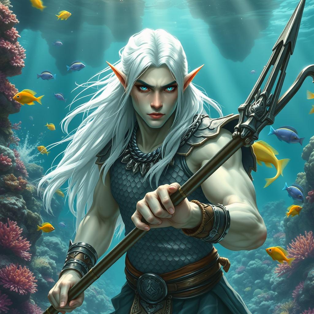 A male sea-elf fighter characterized by his pale silver-green skin and long, flowing silver-white hair