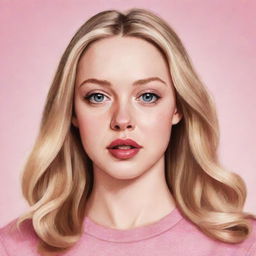 An illustrated rendition of the character Regina George from the movie 'Mean Girls', but portrayed by actress Amanda Seyfried, showcasing her unique features and blonde hair.