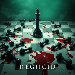 The movie cover of REGICIDE features an unsettling chessboard in disturbing shades of green and white, reminiscent of another world