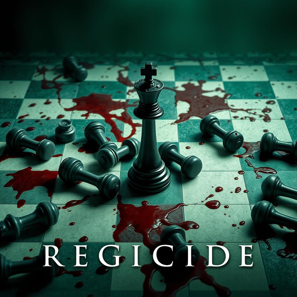 The movie cover of REGICIDE features an unsettling chessboard in disturbing shades of green and white, reminiscent of another world