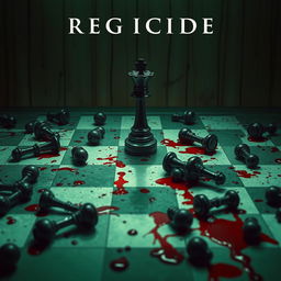 The movie cover of REGICIDE features an unsettling chessboard in disturbing shades of green and white, reminiscent of another world