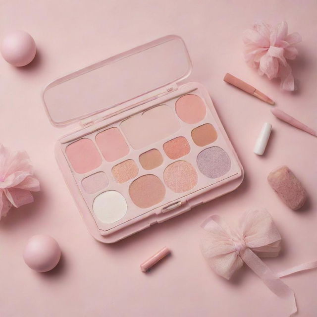 A ballet-inspired complex makeup kit, featuring pastel shades and delicate designs, with elements reminiscent of ballet shoes, tutus, and stage lights.