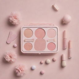 A ballet-inspired complex makeup kit, featuring pastel shades and delicate designs, with elements reminiscent of ballet shoes, tutus, and stage lights.