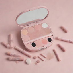 A ballet-inspired complex makeup kit, featuring pastel shades and delicate designs, with elements reminiscent of ballet shoes, tutus, and stage lights.