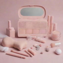 A ballet-inspired complex makeup kit, featuring pastel shades and delicate designs, with elements reminiscent of ballet shoes, tutus, and stage lights.