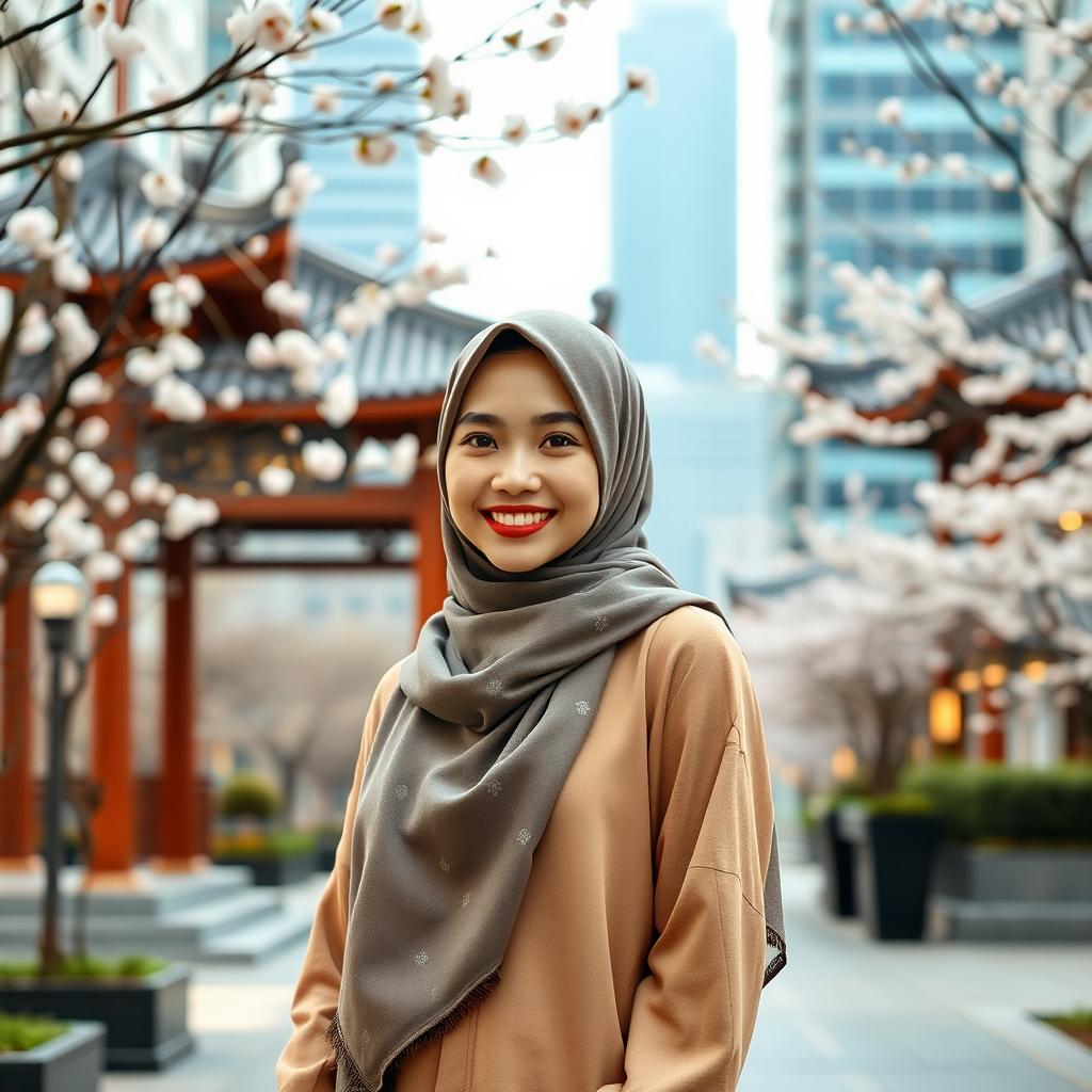 A beautiful Chinese girl wearing a stylish hijab, gracefully posed in a tranquil urban setting that blends modern and traditional architecture