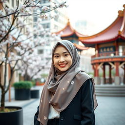 A beautiful Chinese girl wearing a stylish hijab, gracefully posed in a tranquil urban setting that blends modern and traditional architecture