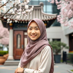 A beautiful Chinese girl wearing a stylish hijab, gracefully posed in a tranquil urban setting that blends modern and traditional architecture