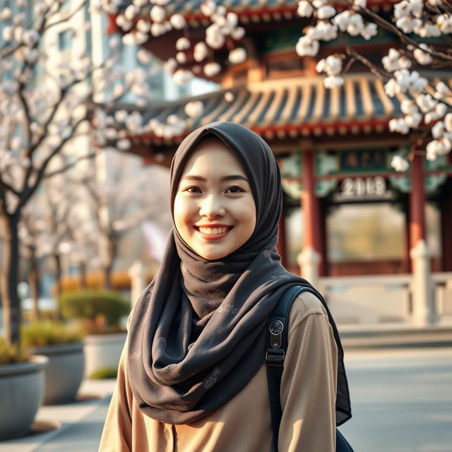 A beautiful Chinese girl wearing a stylish hijab, gracefully posed in a tranquil urban setting that blends modern and traditional architecture