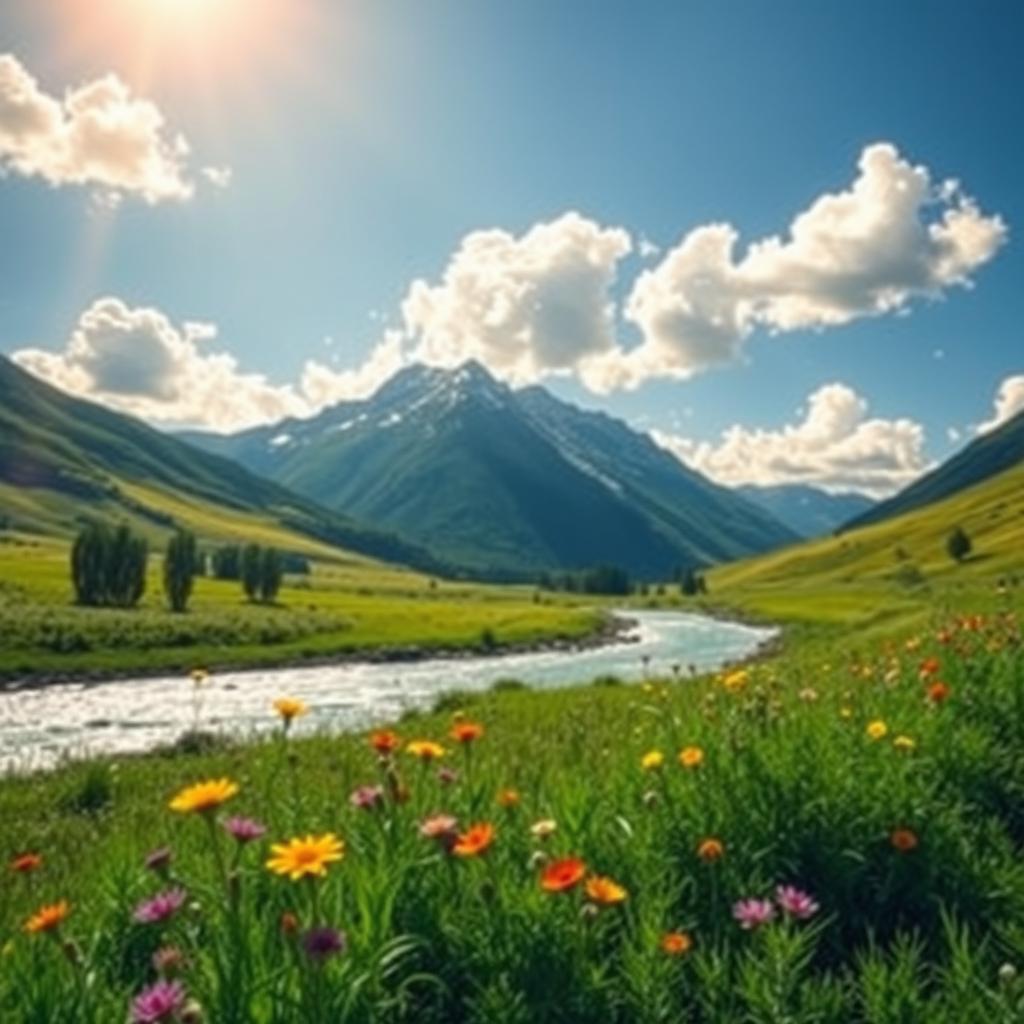 A serene landscape featuring a lush green valley with a sparkling river flowing through it