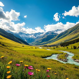 A serene landscape featuring a lush green valley with a sparkling river flowing through it