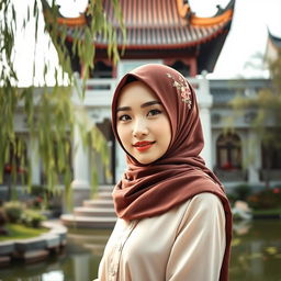 A beautiful Chinese girl wearing a fashionable hijab, delicately posed against a picturesque backdrop of traditional Chinese architecture and serene gardens