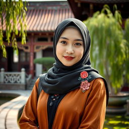 A beautiful Chinese girl wearing a fashionable hijab, delicately posed against a picturesque backdrop of traditional Chinese architecture and serene gardens