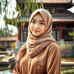 A beautiful Chinese girl wearing a fashionable hijab, delicately posed against a picturesque backdrop of traditional Chinese architecture and serene gardens