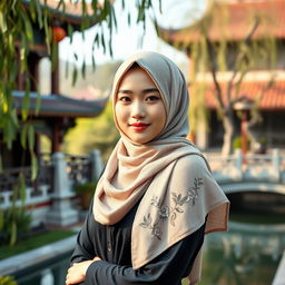 A beautiful Chinese girl wearing a fashionable hijab, delicately posed against a picturesque backdrop of traditional Chinese architecture and serene gardens