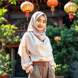 A captivating Chinese girl wearing a beautifully crafted hijab, standing gracefully against a backdrop of an ancient Chinese temple surrounded by lush greenery