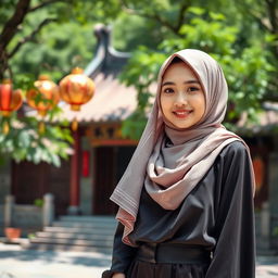 A captivating Chinese girl wearing a beautifully crafted hijab, standing gracefully against a backdrop of an ancient Chinese temple surrounded by lush greenery