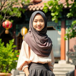 A captivating Chinese girl wearing a beautifully crafted hijab, standing gracefully against a backdrop of an ancient Chinese temple surrounded by lush greenery