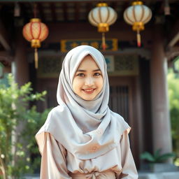 A captivating Chinese girl wearing a beautifully crafted hijab, standing gracefully against a backdrop of an ancient Chinese temple surrounded by lush greenery