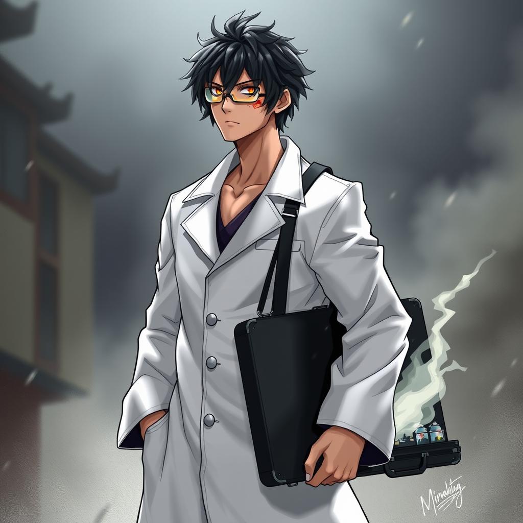 A male character with notable features: wearing goggles due to light sensitivity, a burn scar above his left eyebrow, and lanky arms that contrast with his ripped physique from intense training