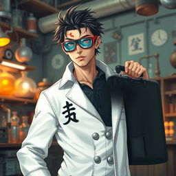 A male mad scientist character: always wearing goggles due to light sensitivity, featuring a prominent burn scar above his left eyebrow