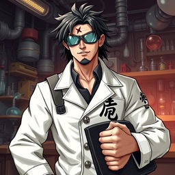 A male mad scientist character: always wearing goggles due to light sensitivity, featuring a prominent burn scar above his left eyebrow