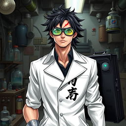 A male mad scientist character: always wearing goggles due to light sensitivity, featuring a prominent burn scar above his left eyebrow