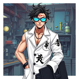 A male mad scientist character: always wearing goggles due to light sensitivity, featuring a prominent burn scar above his left eyebrow