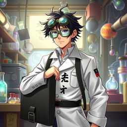 A male mad scientist character: always wearing goggles due to light sensitivity, featuring a burn scar above his left eyebrow