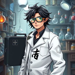 A male mad scientist character: always wearing goggles due to light sensitivity, featuring a burn scar above his left eyebrow