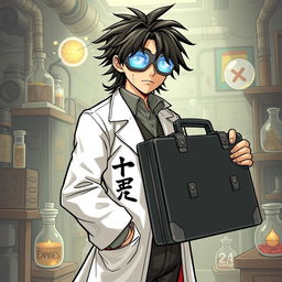 A male mad scientist character: always wearing goggles due to light sensitivity, featuring a burn scar above his left eyebrow